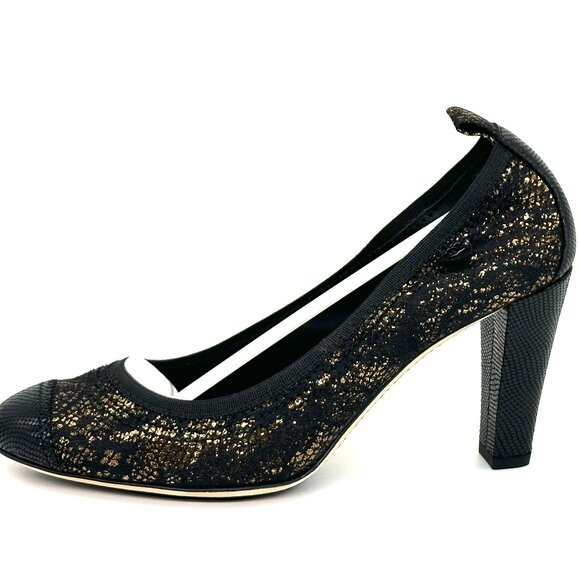 CHANEL Stretch Metallic Bronze Cap Toe Lace Overlay Pumps Shoes Heels - Picture 1 of 15